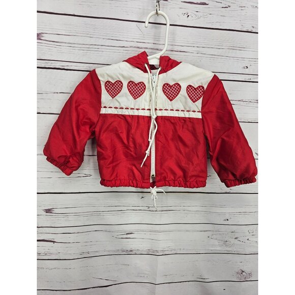 Vintage Girls Red Heart Print Jacket 12 months Hooded Full Zip Retro Outerwear - Picture 11 of 11